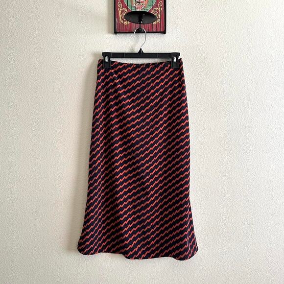 handmade navy blue orange satin chevron print midi skirt - Picture 5 of 7